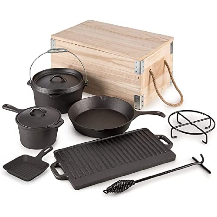 8 Piece Pre-Seasoned Dutch Ove - Vintage Camping Cooking Set recensione e prezzo